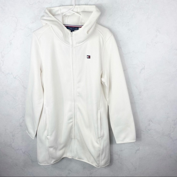 [Tommy Hilfiger] White Ribbed Zip Up Long Jacket - Picture 1 of 4